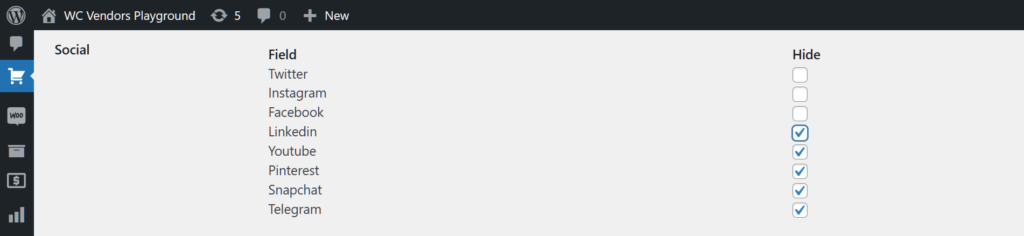 A screencap of the WordPress dashboard, showing various Social fields, including Twitter, Instagram, Facebook, LinkedIn, YouTube, Pinterest Snapchat, Telegram, with their Hide checkboxes unticked