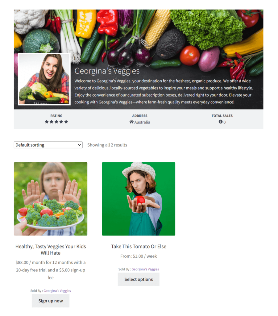 The landing page of Georgina's Veggies, an online store selling organic produce within a marketplace, showing a store banner, store icon, store description, and two subscription products