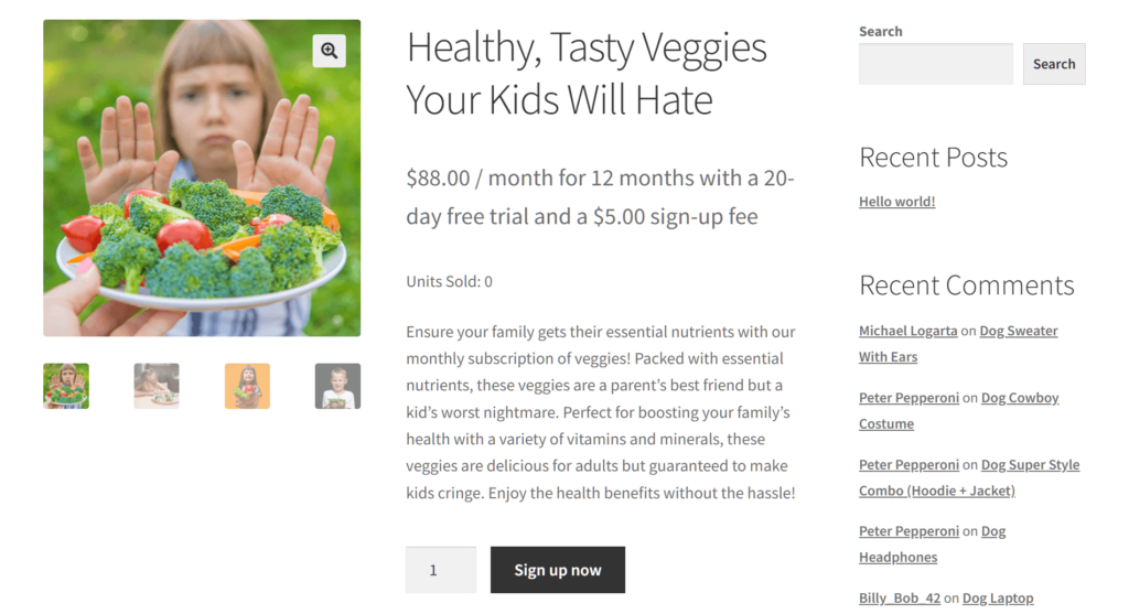 A screencap of a subscription product, known as "Healthy, Tasty Veggies Your Kids Will Hate," on a marketplace frontend, complete with feature image, image gallery, price, description, and add to cart button