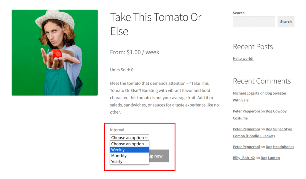 A screencap of a variable subscription product, known as "Take This Tomato Or Else," on a marketplace frontend, complete with feature image, price, description, and dropdown menu showing the subscription billing intervals