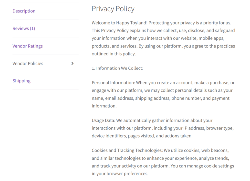 A screencap of a privacy policy of an online toy store known as Happy Toyland