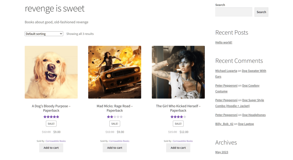 A screencap of a WC Vendors-powered marketplace, showing three books using one of various WooCommerce product tags, "revenge is sweet"