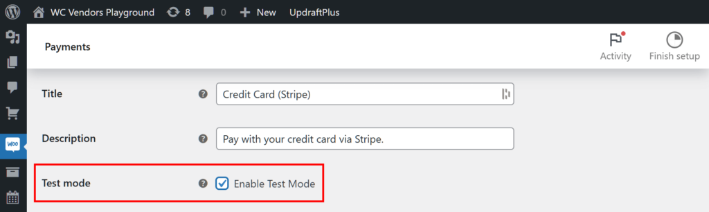 A screencap of the WC Vendors Stripe Connect settings focusing on the Title, Description, and Test Mode options, with the last option highlighted in red