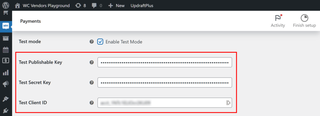 A screencap of the WC Vendors Stripe Connect settings focusing on the Test mode, Test Publishable key, Test Secret Key, and Test Client ID options, with the last three options highlighted in red