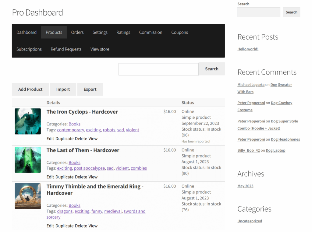 A screencap of the WC Vendors vendor dashboard with the Products panel selected, revealing three products