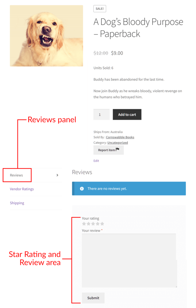 A screencap of a product page, the product being a book entitled "A Dog's Bloody Purpose," with the review panel and the section where users can leave reviews and star ratings highlighted