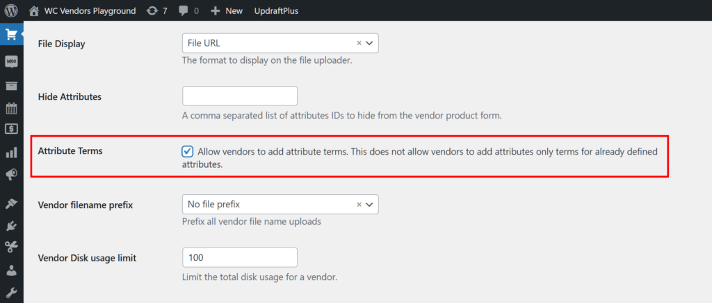 A screencap of the WordPress dashboard showing the "Attribute Terms" option highlighted and enabled, with its checkbox ticked