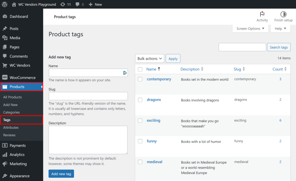 A screencap of the WordPress dashboard, with the Products and Tags panels highlighted, revealing the Product tags page and a list of tags