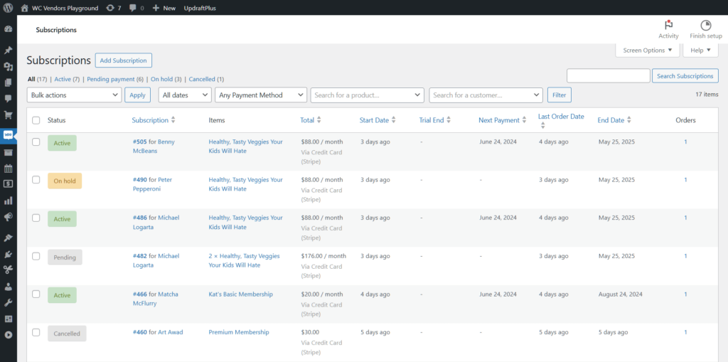 A screencap of the WordPress dashboard showing WooCommerce's subscriptions page, which lists several customers' subscriptions