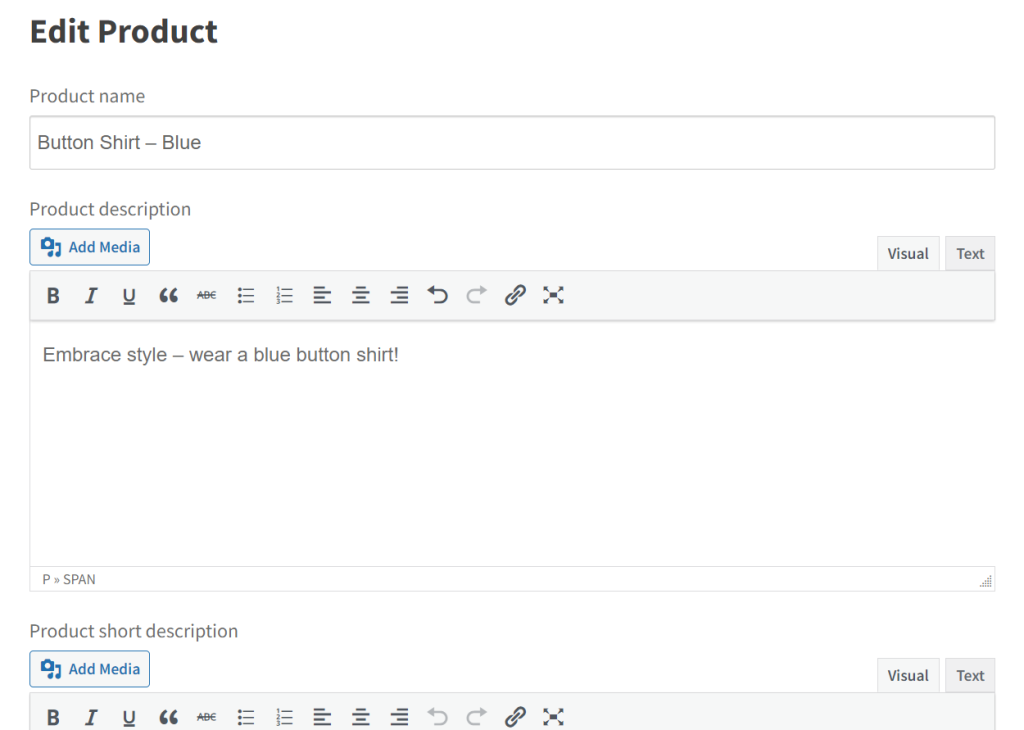 Screenshot of the WordPress backend interface for editing a product listing