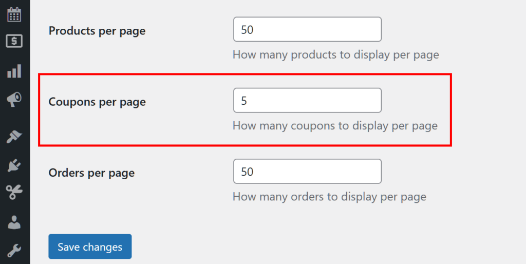 A screencap of the WordPress dashboarding, revealing various WC Vendors Pro options, with the "Coupon per page" option set to 5 and highlighted