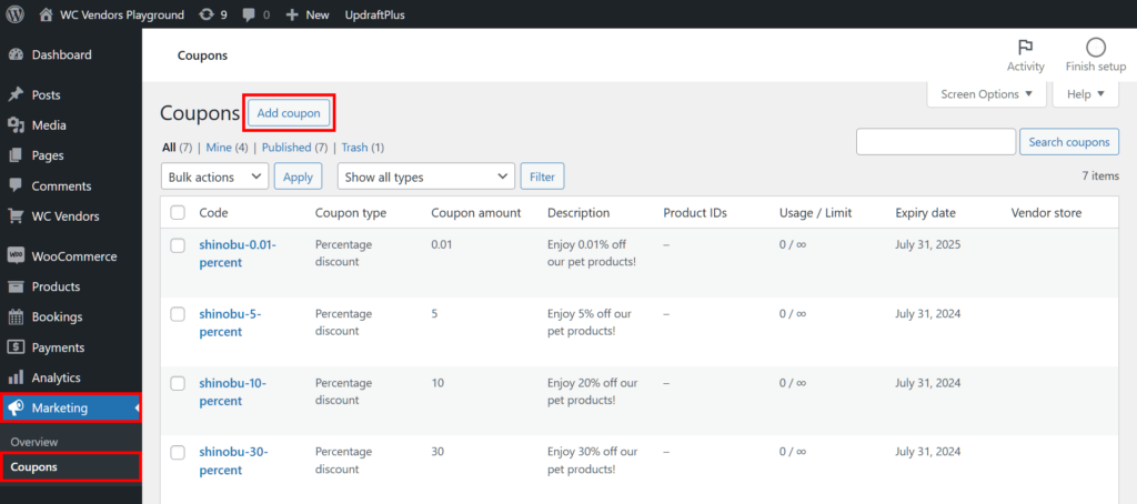 A screencap of the WordPress dashboard, showing the path from the Marketing panel to the Coupons panel, which takes you to the Coupons page, which shows a table of all the marketplace coupons available