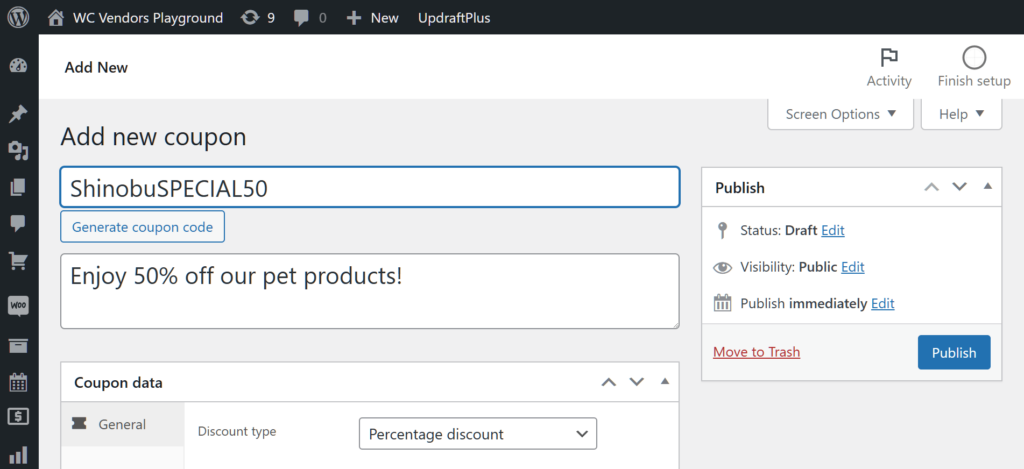 A screencap of the WordPress dashboard, showing the Add new coupon page, where a coupon code and coupon description have been entered into entry fields
