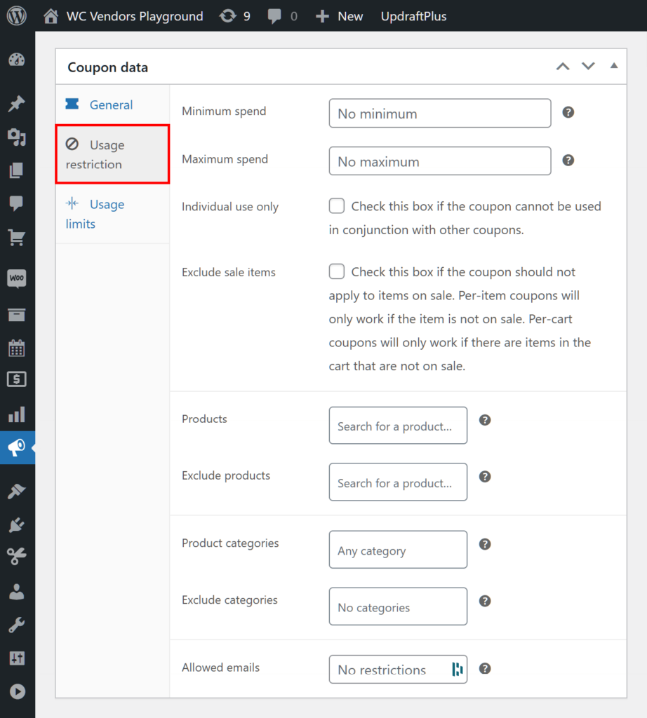 A screencap of the WordPress dashboard, showing the coupon data box with its Usage restrictions panel selected and highlighted, revealing various coupon options