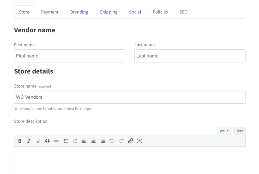 Screenshot of the WC Vendors registration form for vendors featuring fields for personal and business information