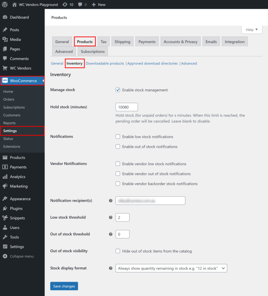 WooCommerce inventory page on WordPress dashboard