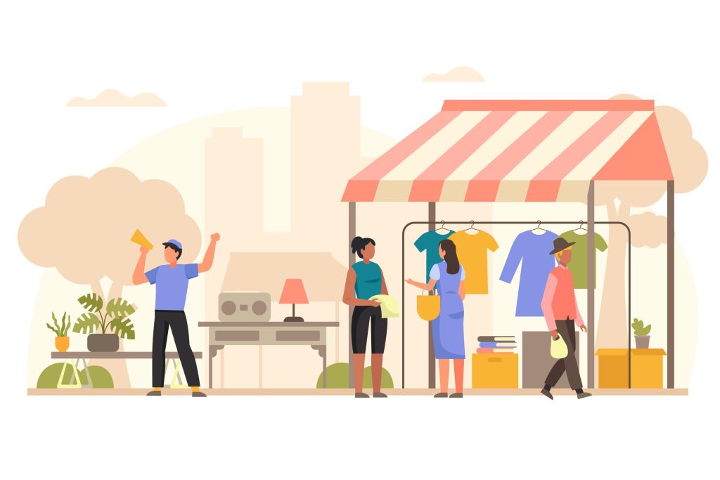 Illustration showing sellers and customers in a marketplace