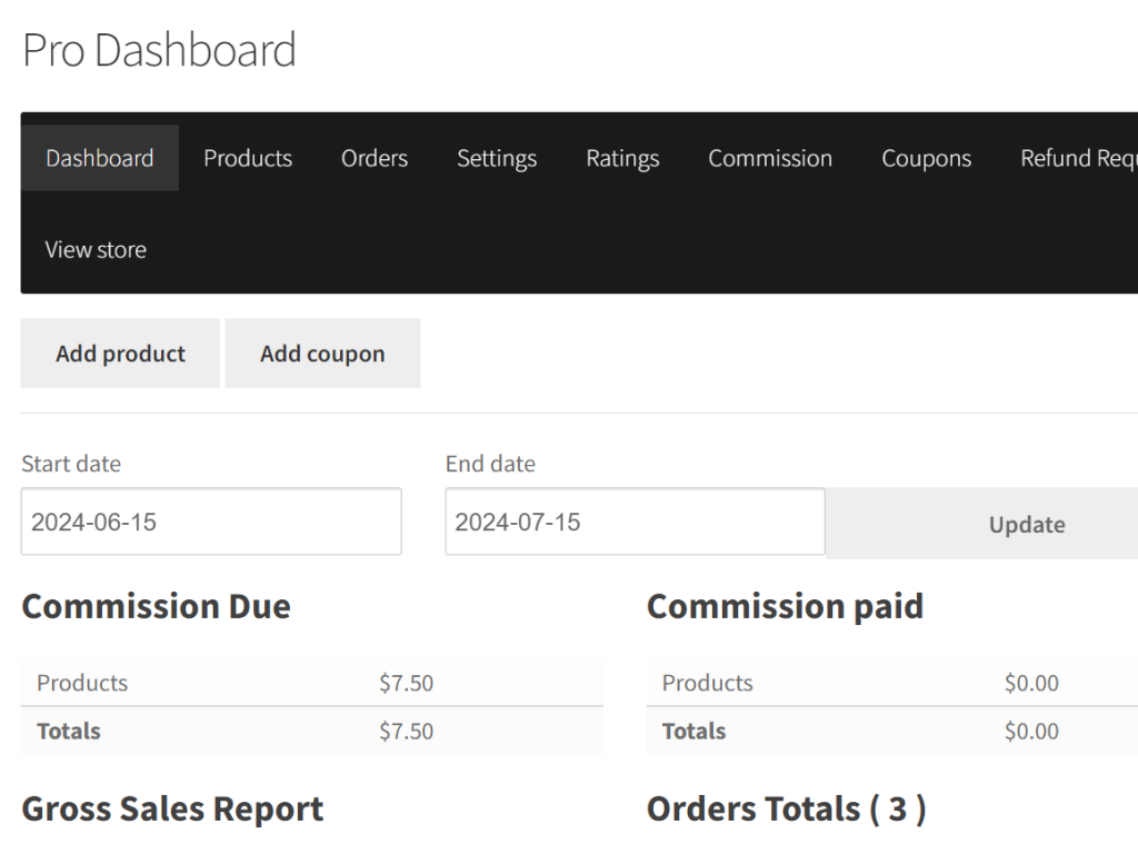 Screenshot of WC Vendors Pro Dashboard, a central hub for managing products, orders, and customer interactions.