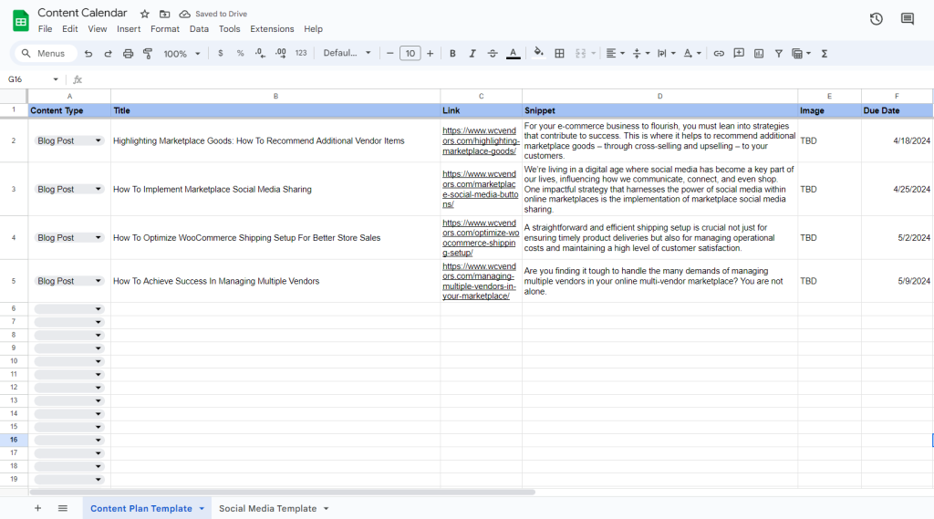 Screenshot of a content calendar sample by WC Vendors, displaying scheduled posts, tasks, and deadlines to help users organize and plan their content effectively