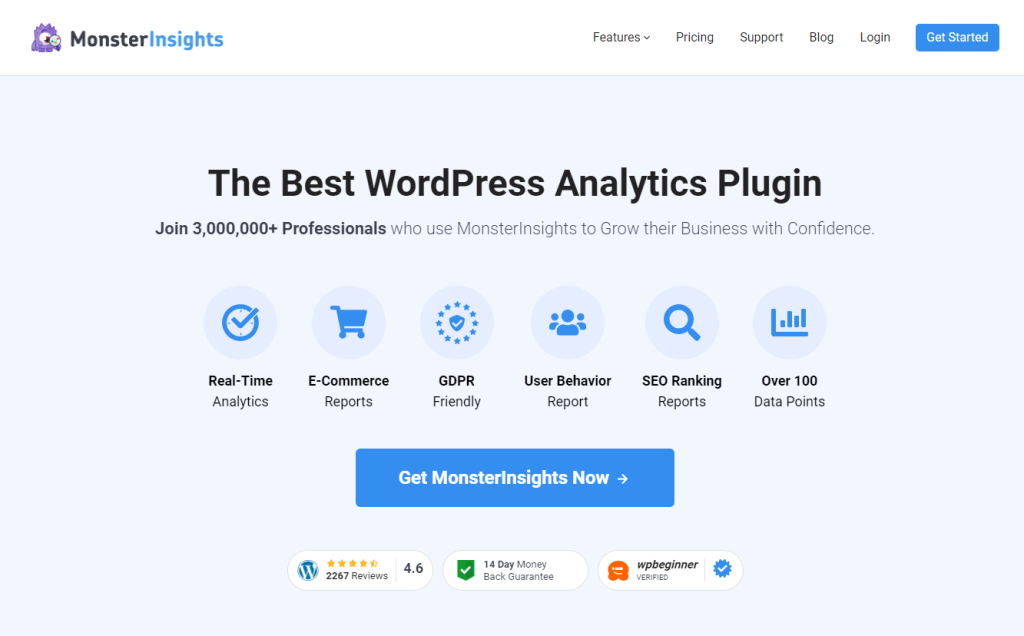 Screenshot of the MonsterInsights homepage, highlighting features of the plugin that offer detailed insights into website traffic