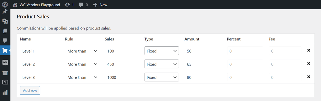 Process of setting up tiered commission types for different products on the WC Vendors platform, using a 'Sales by Product' table