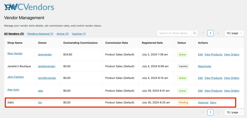 WCV - General Settings - Approve or Deny Vendor Registration