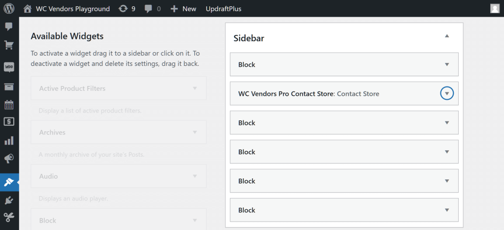 The WordPress dashboard, with a focus on the sidebar, which contains the WC Vendors Pro Contact Store widget