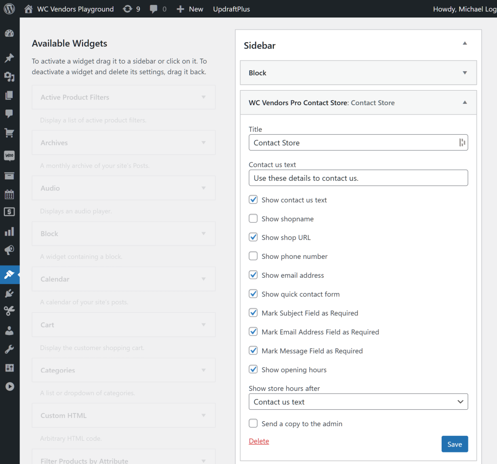 The WordPress dashboard, with a focus on the sidebar, which contains the WC Vendors Pro Contact Store widget, whose options are revealed