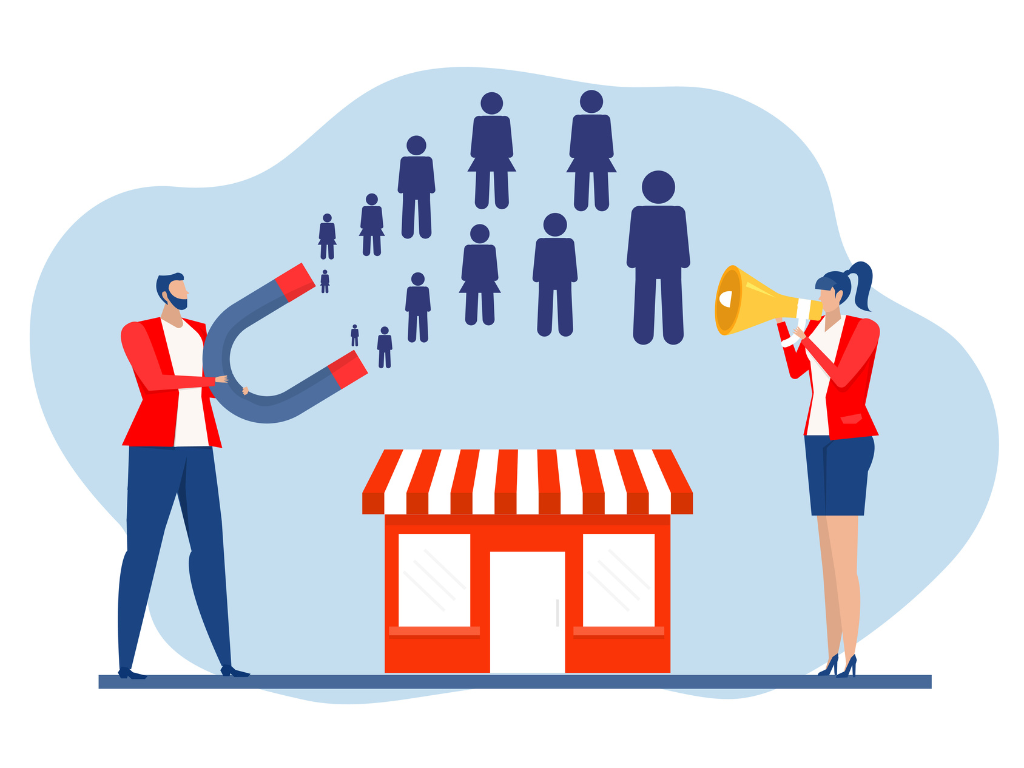 Business people using megaphone with holding magnet attract new customers