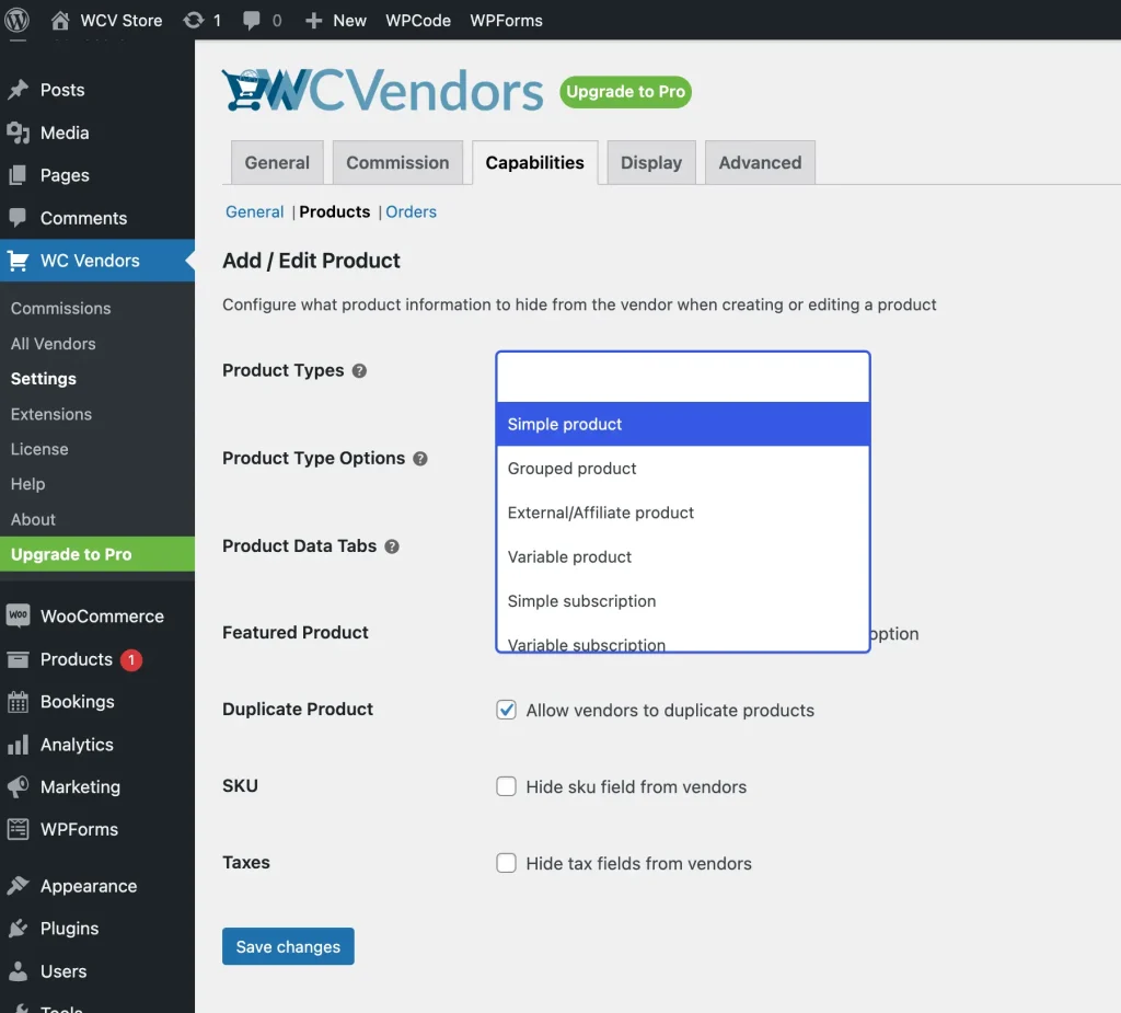 wcvf - capabilities setting - products tab 1