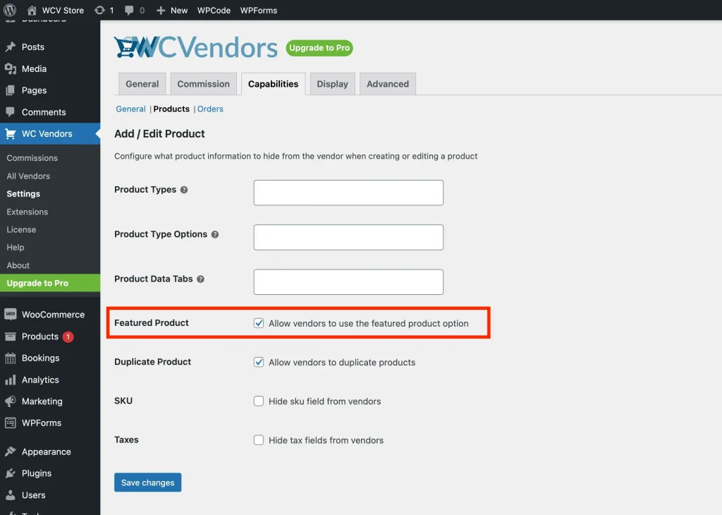 wcvf - capabilities setting - products tab - featured