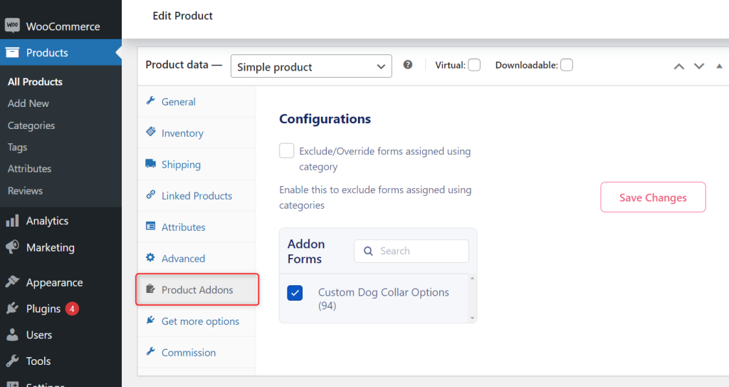 WordPress dashboard, showing the process of assigning a custom product form to a product 