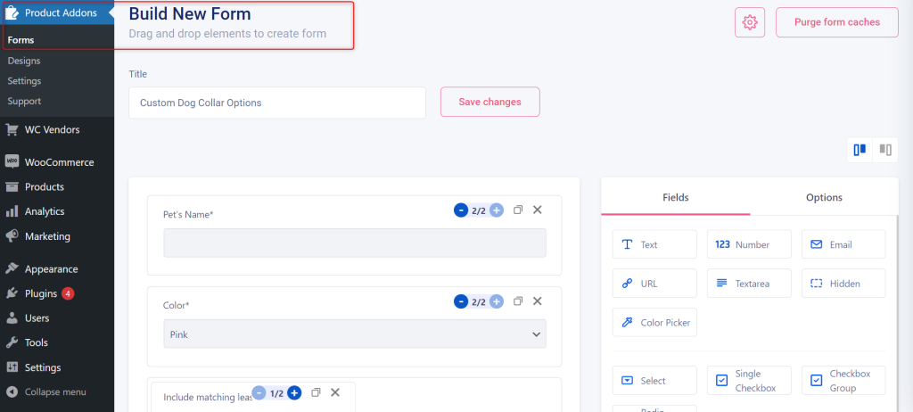 Product Addons interface showing the creation of a custom product form