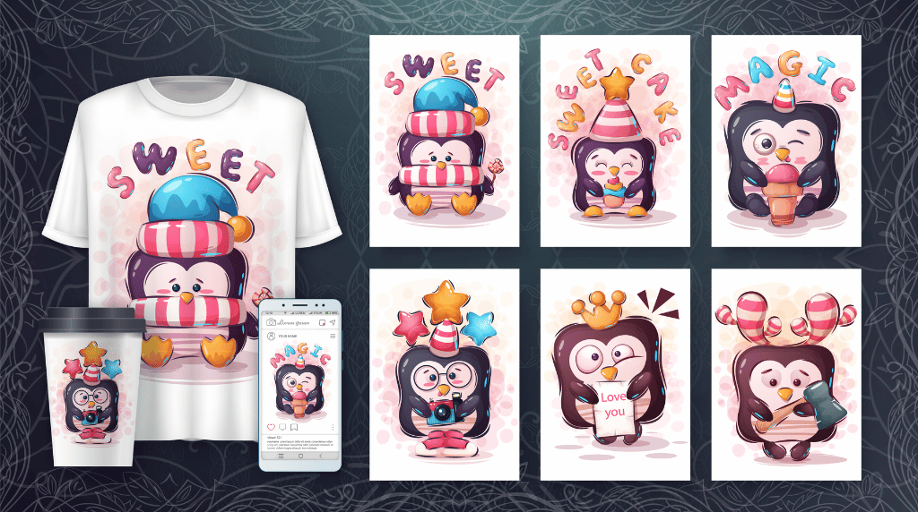 Different designs of sweet penguin mockup for customizable products like t-shirts and apparel