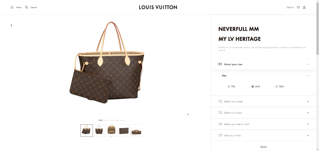 Louis Vuitton Mon Monogram customization page showing personalized bags with initials and custom designs.