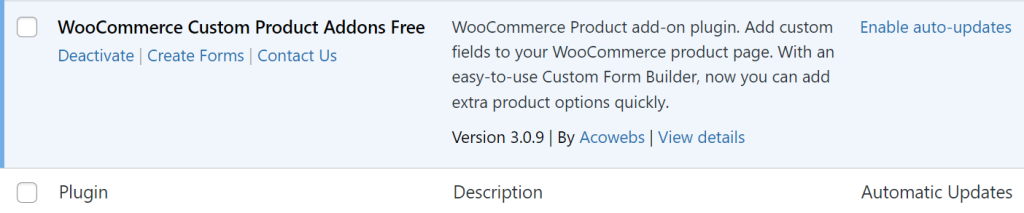 WooCommerce Custom Product Addons plugin activated on WordPress dashboard