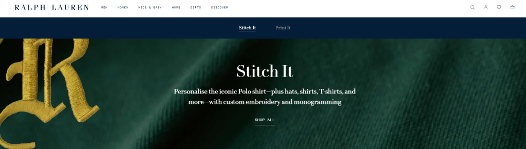 Ralph Lauren’s Create Your Own platform on the website showing customizable polo shirts with options for logos, colors, and embroidered initials.