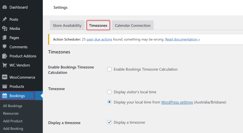 Bookings timezone settings in WooCommerce, including options to enable bookings timezone calculation or display a timezone