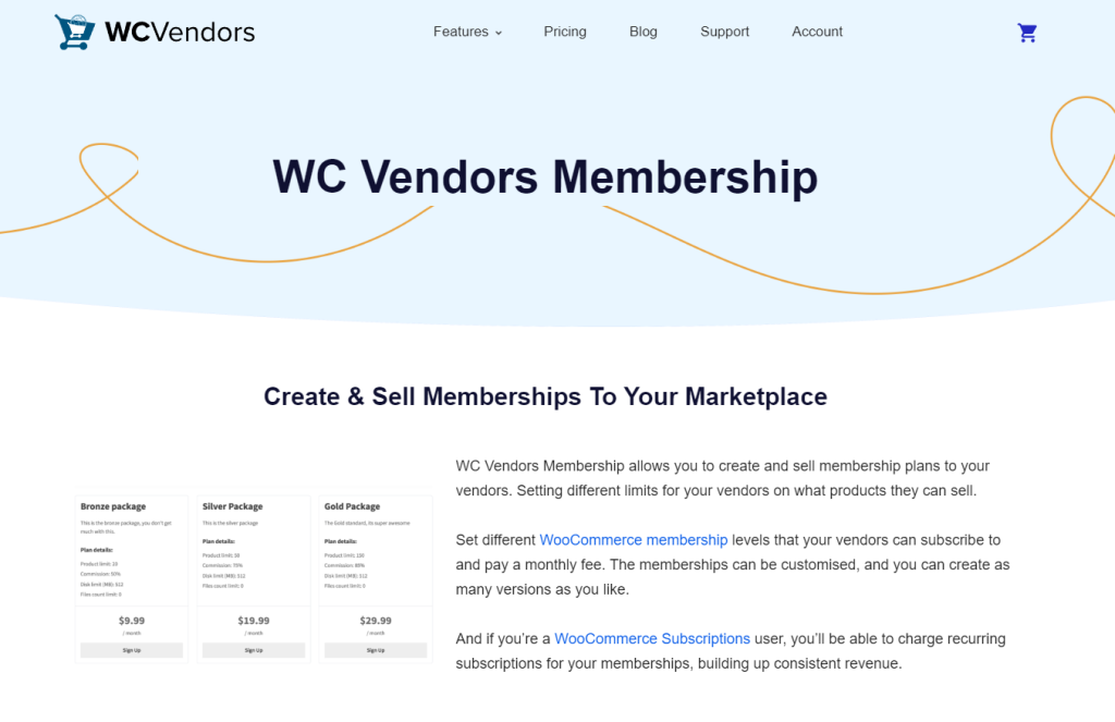 WC Vendors Membership landing page, featuring an explanation of the feature