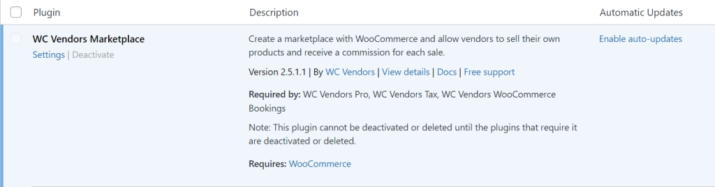 WC Vendors Marketplace plugin activated in WordPress