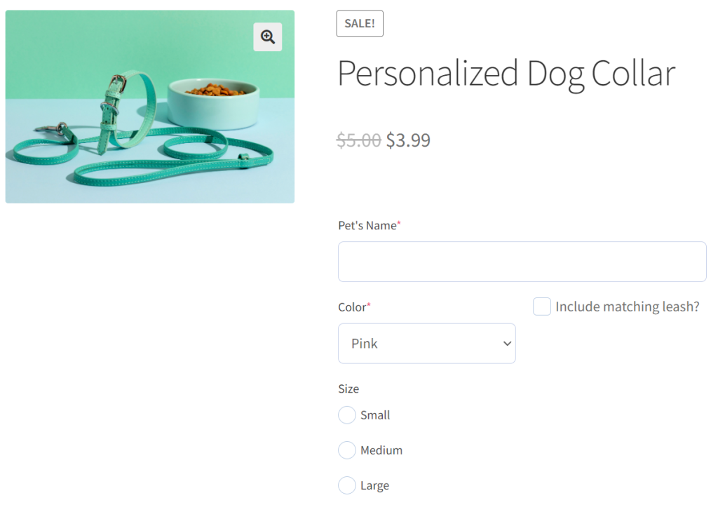 A form for customizing a personalized dog collar with options for adding names and choosing size and colors