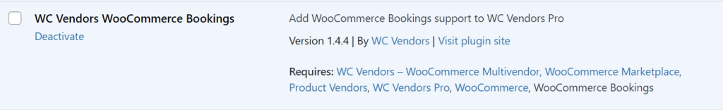 WC Vendors WooCommerce Bookings plugin activated in the WordPress dashboard