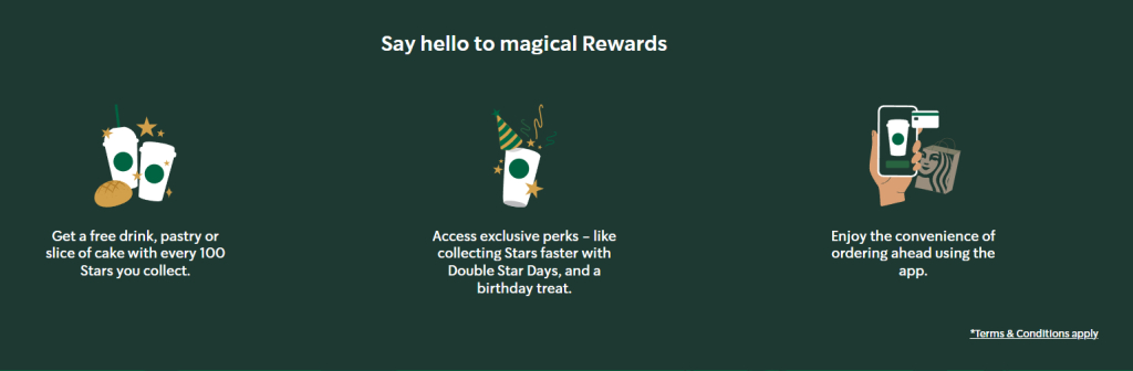 Starbucks displaying their points-based loyalty program, where customers earn rewards like free drinks, personalized offers, and birthday perks.