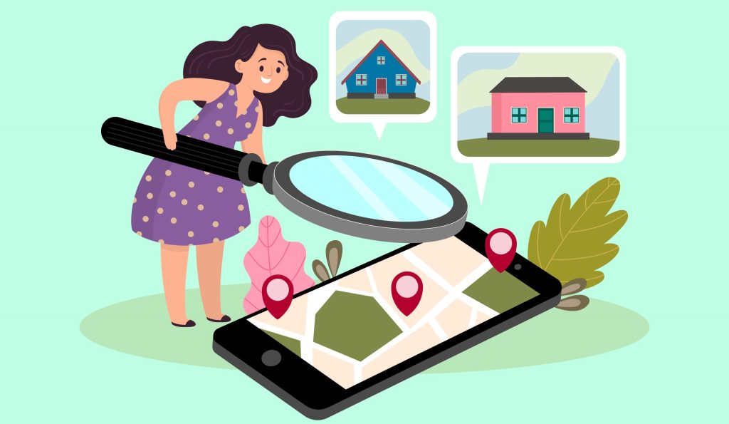 person searching for houses on a map