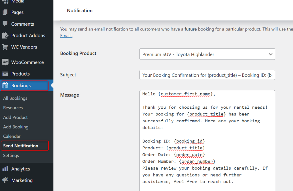 Setting up email notifications for new bookings, cancellations, and reminders on the dashboard