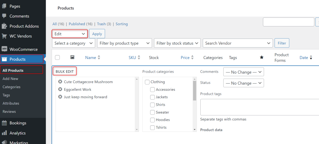 WooCommerce dashboard showing the bulk editing process under Products > All Products