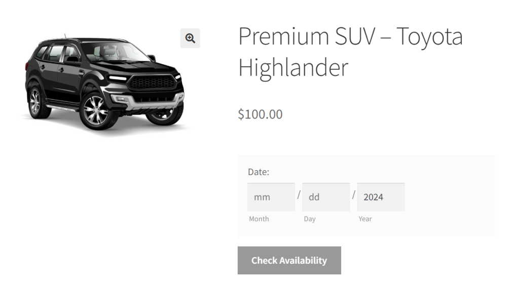 Car rental listing for a premium SUV on a store page