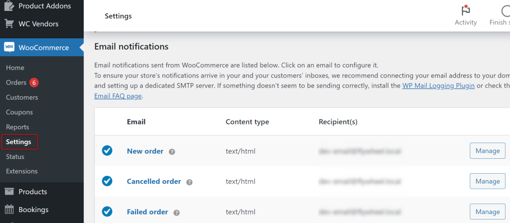 Email notification settings on the WooCommerce WordPress dashboard