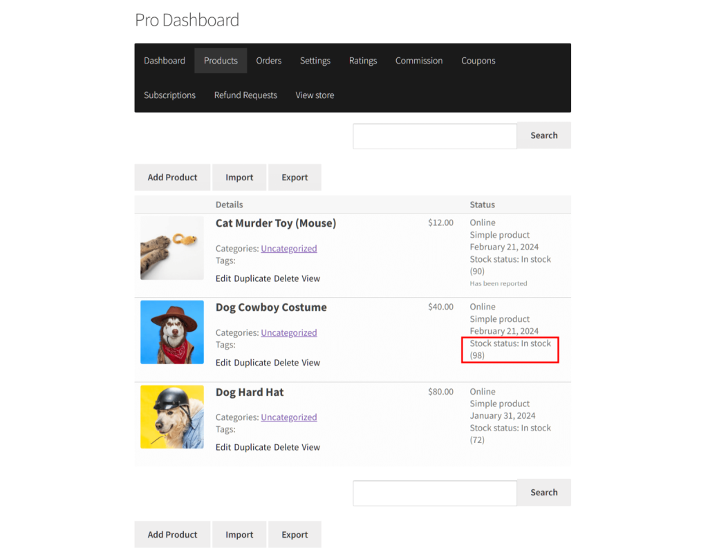 stock status of inventory in vendor's dashboard