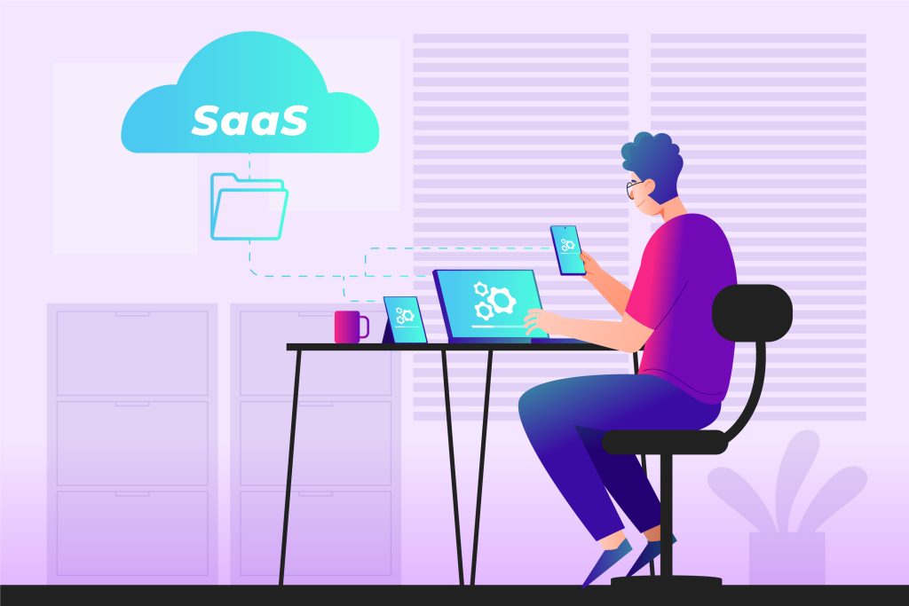 Illustration of a person using multiple devices to connect to a SaaS subscription platform.